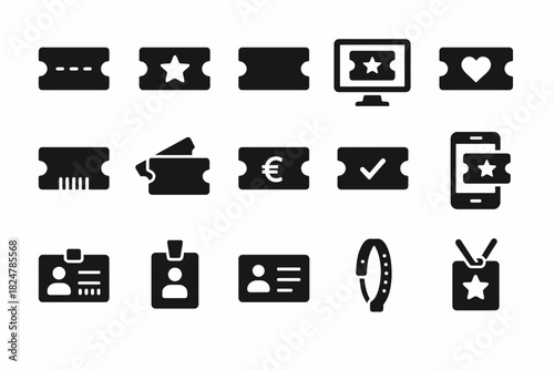 Set of ticket and badge icons including admission, id, and mobile tickets