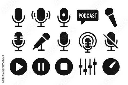 Podcast icons set featuring microphones and audio controls