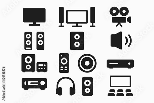 Home entertainment icons: speakers, projector, tv, headphones, film camera