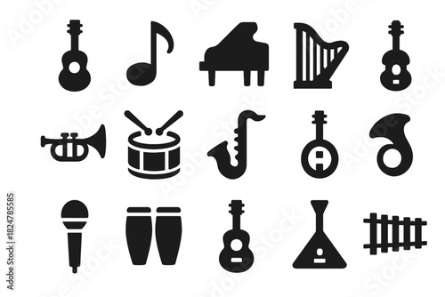 Musical instrument icons: guitar, piano, harp, trumpet, drums, saxophone, microphone, bongos