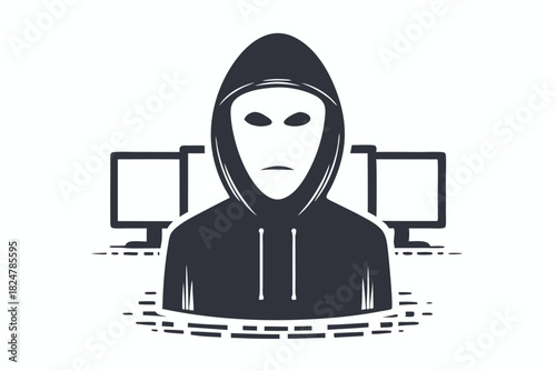 Masked person with hood working on the computer in a dark style