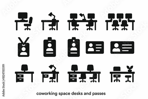 Coworking space icons: desks, id badges, workspace layouts