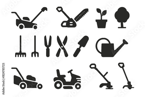 Silhouette icons of lawn tools and gardening equipment collection