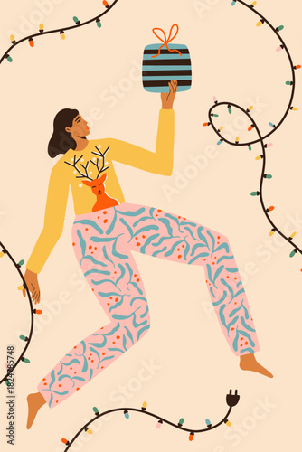 A postcard with a girl decorating a room with Christmas lights and wrapping gifts. New Years vector illustration