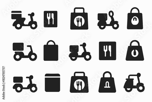 Black and white icons of delivery scooters and bags for food service