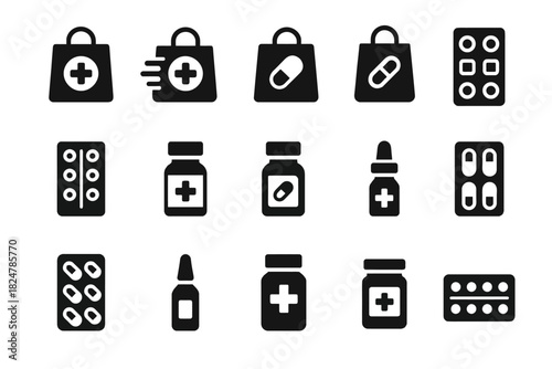 Medical icon set: pills, bottles, bags, blister packs in solid black style