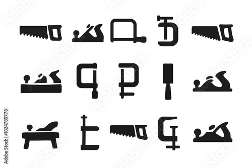 Silhouette collection of carpentry tools: saws, planes, clamps, and chisels