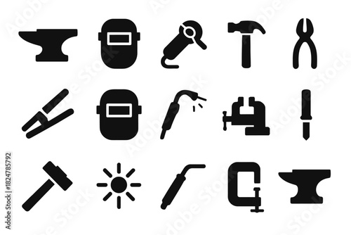 Blacksmith and welding tool icons: anvil, hammer, pliers, welding mask