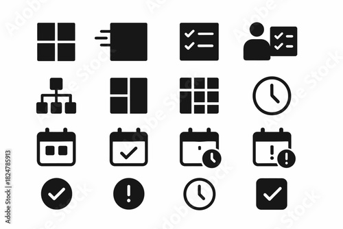 Set of black and white icons: clock, calendar, checklist, user, grid, warning