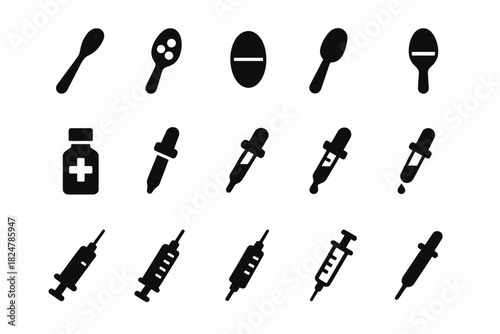 Medical tools icon set: spoons, medicine bottles, droppers, syringes in black silhouettes