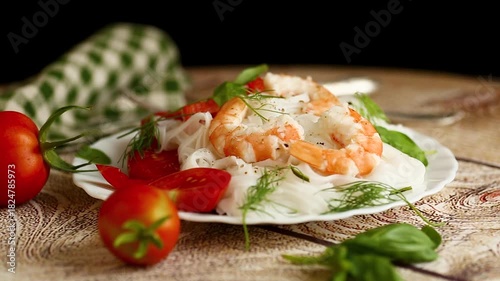 simple seafood dinner, rice noodles with shrimp and basil