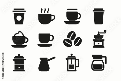 Coffee icon set: mugs, cups, beans, and brewing equipment silhouettes
