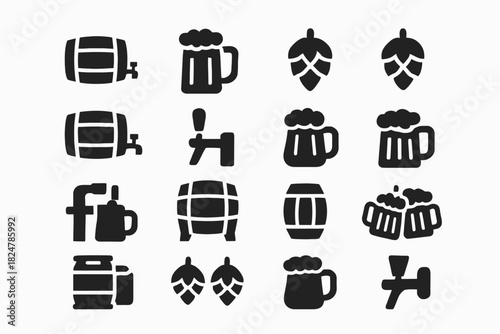 Beer barrel, mug, and hop icons set for brewing enthusiasts