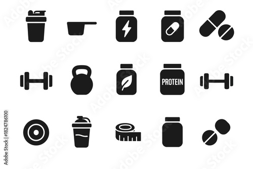 Fitness and nutrition icons: dumbbells, protein, supplements, weights, shaker bottles, tape measure