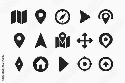 Navigation icon set: arrows, maps, compass, pins for directional guidance
