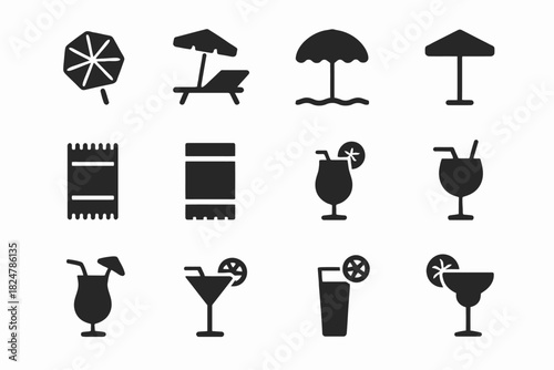 Set of beach icons featuring umbrellas, lounge chairs, towels, and tropical drinks