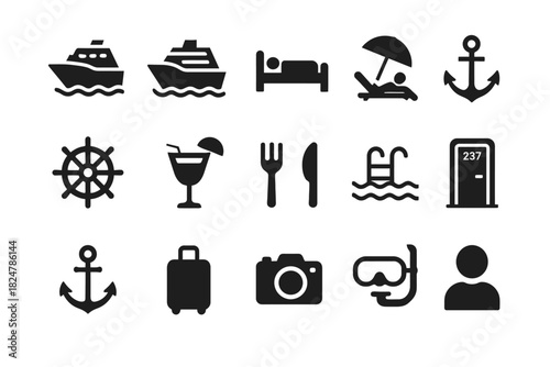 Set of nautical and leisure icons: boat, anchor, pool, snorkel, suitcase, camera