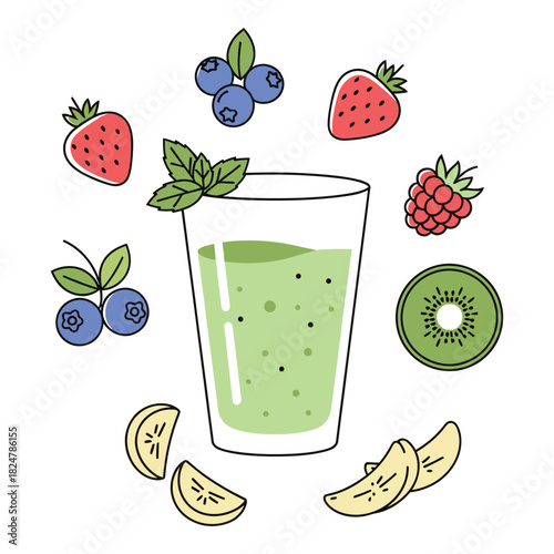 A refreshing green smoothie surrounded by various colorful fruits and herbs