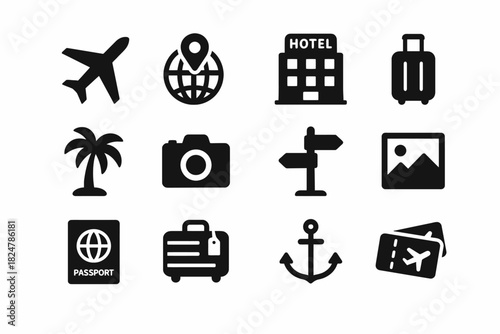 Travel icons: airplane, hotel, suitcase, camera, passport, anchor, and more