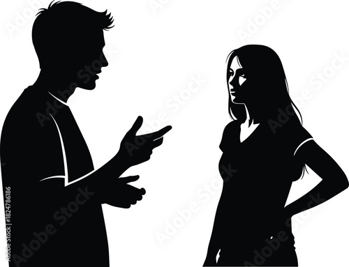 Couple Arguing, Talking, Discussion, Disagreement, Relationship Conflict, Communication, Black and White Vector Graphic.
