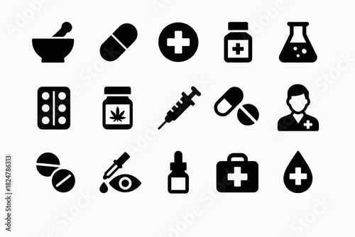 Medical icons: mortar, pills, syringe, first aid, doctor, pharmacy symbols collection