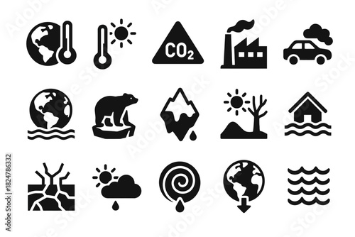 Climate change icons: global warming, co2, pollution, rising sea levels, melting ice
