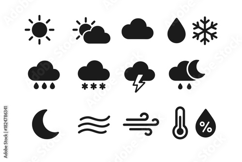 Weather icons: sun, cloud, rain, snow, wind, temperature, humidity symbols