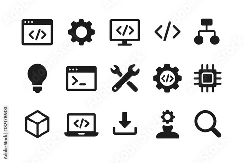 Collection of software development and programming icons in black and white
