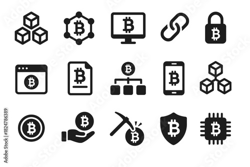 Bitcoin cryptocurrency icons set featuring blockchain and security elements