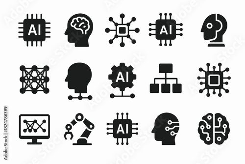 Set of black ai and technology icons including neural networks and robotics