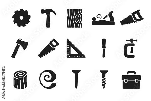 Collection of woodworking tool icons: hammer, saw, axe, ruler, chisel, plane, clamp