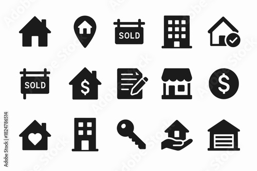 Real estate icons: home, sale, building, key, money, and documents symbols