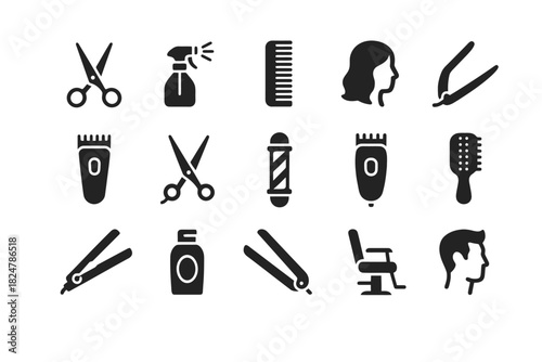 Barber tools icons set: scissors, clippers, comb, razor, hair spray