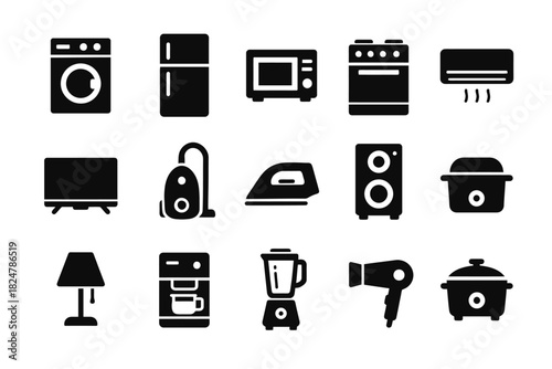 Set of household appliance icons including washer, fridge, microwave, and more