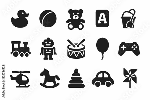 Set of kids' toys icons: duck, ball, teddy, letters, and more in black and white