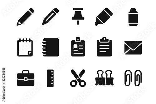 Black office supply icons: pencil, marker, paperclip, scissors, envelope, notepad