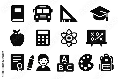 Education icons set: book, bus, ruler, graduation cap, apple, calculator, atom, chalkboard