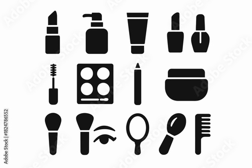 Black silhouette icons of cosmetic and makeup products on white background