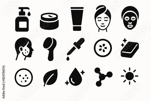 Skincare icon set featuring creams, masks, droppers, and natural elements