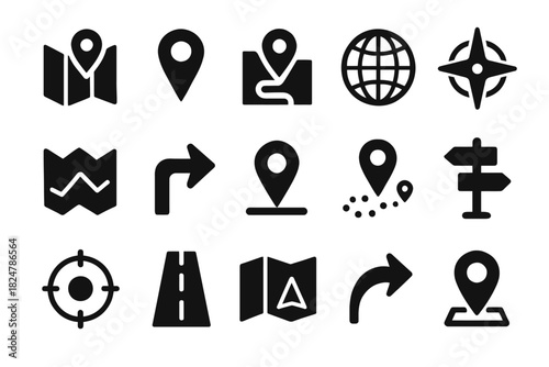 Set of navigation icons including map, compass, and location pins