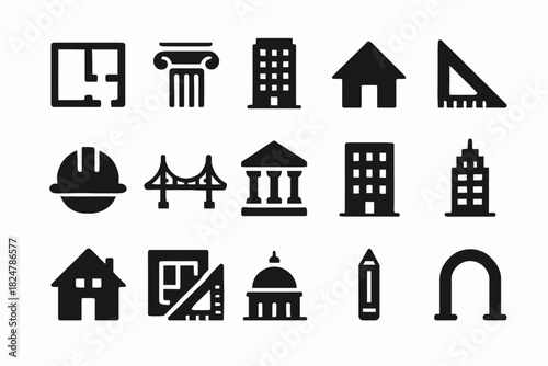 Architectural icons and symbols: buildings, structures, tools in simple black icons