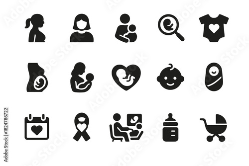 Icons of motherhood and baby care: silhouettes of women, infants, and parenting essentials