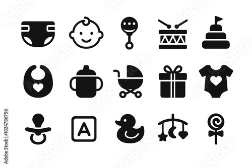 Collection of baby icons: diaper, rattle, stroller, and more in black silhouettes