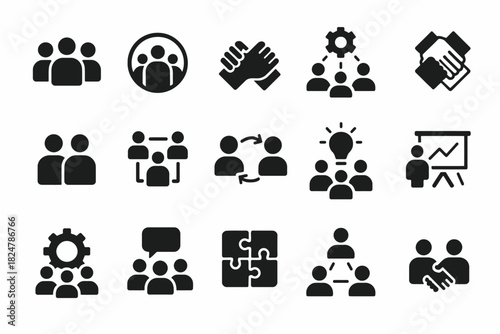 Black teamwork and collaboration icons set with puzzle and gear symbols