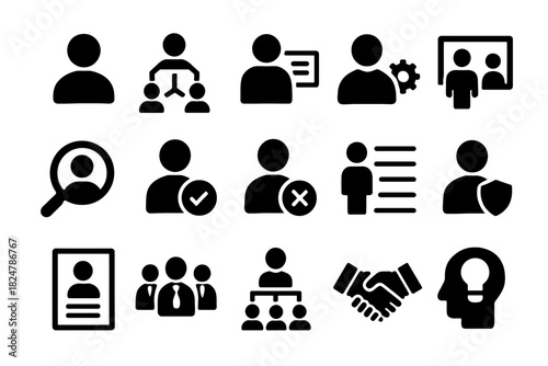 Black silhouette business icons for teamwork, management, and human resources