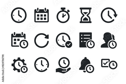 Collection of time management icons including clocks and calendars