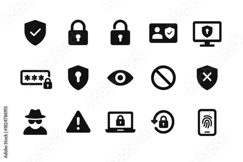 Cyber security icons: lock, shield, password, eye, alert, hacker symbols