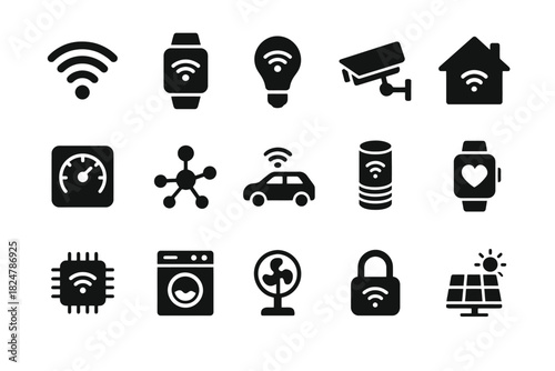 Smart home icon set: technology, automation, surveillance, connectivity, security
