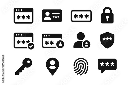 Security icons featuring passwords, user profiles, and lock symbols
