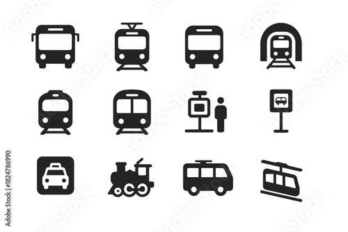 Public transportation icons: buses, trains, trams, and station signs
